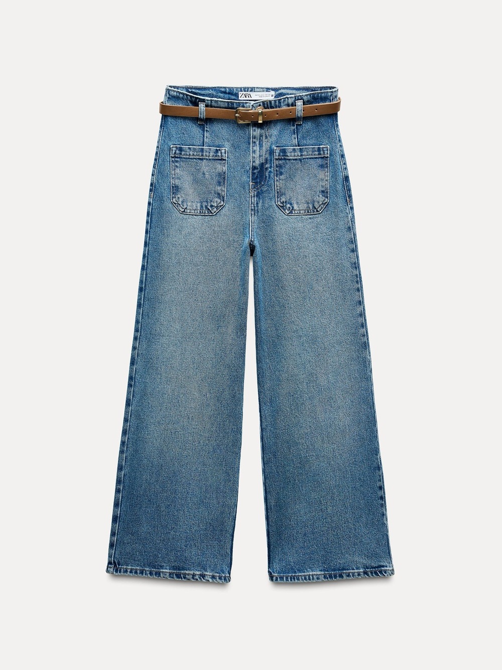 134.🌸Zara Light Blue Wide-Leg Jeans with Tan Belt